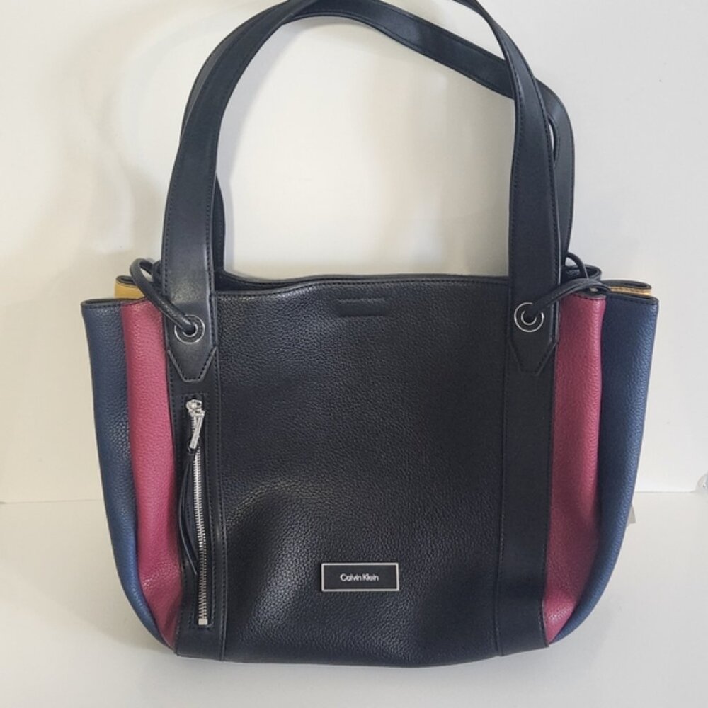 Calvin Klein Leah Tote Black Leather Multicolored Sides Shoulder Bag Purse